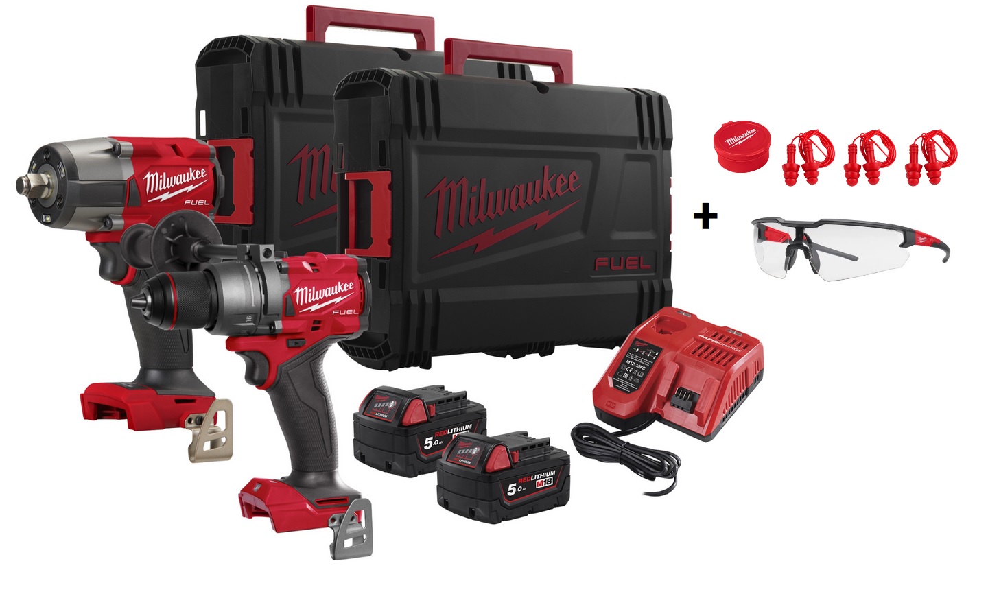 Milwaukee M18FPP2FH-502X SET: Schlagbohrschrauber & Schlagschrauber ½″ + Schutzbrille, Gehörstöpsel Milwaukee M18FPP2FH-502X SET: Schlagbohrschrauber & Schlagschrauber ½″ + Schutzbrille, Gehörstöpsel