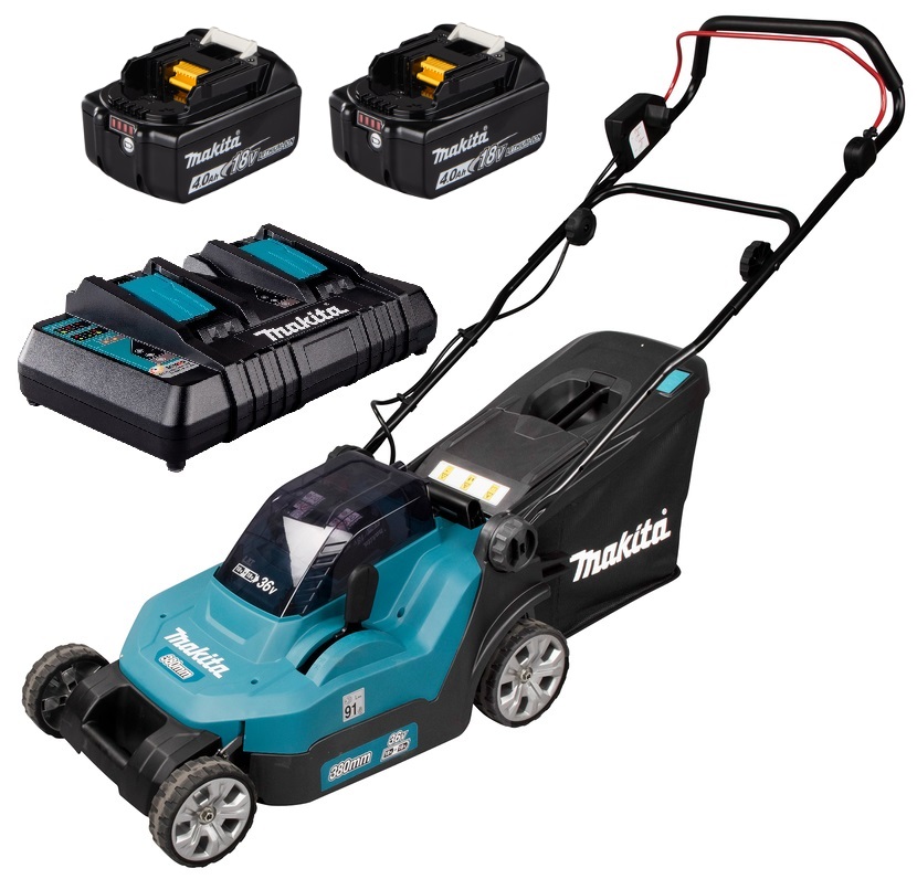 Makita Akku-Rasenmäher DLM382PM2 inkl. 2x 18V 4Ah Akku und Doppel-Schnelladegerät DC18RD Makita Akku-Rasenmäher DLM382PM2 inkl. 2x 18V 4Ah Akku und Doppel-Schnelladegerät DC18RD