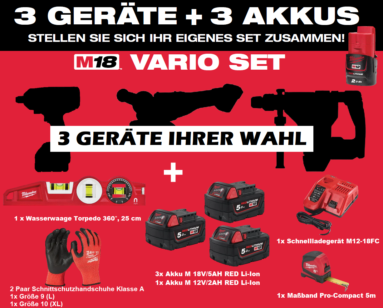 Milwaukee Vario Set - 3 Maschinen Ihrer Wahl mit Akkus + Zubehör Milwaukee Vario Set - 3 Maschinen Ihrer Wahl mit Akkus + Zubehör