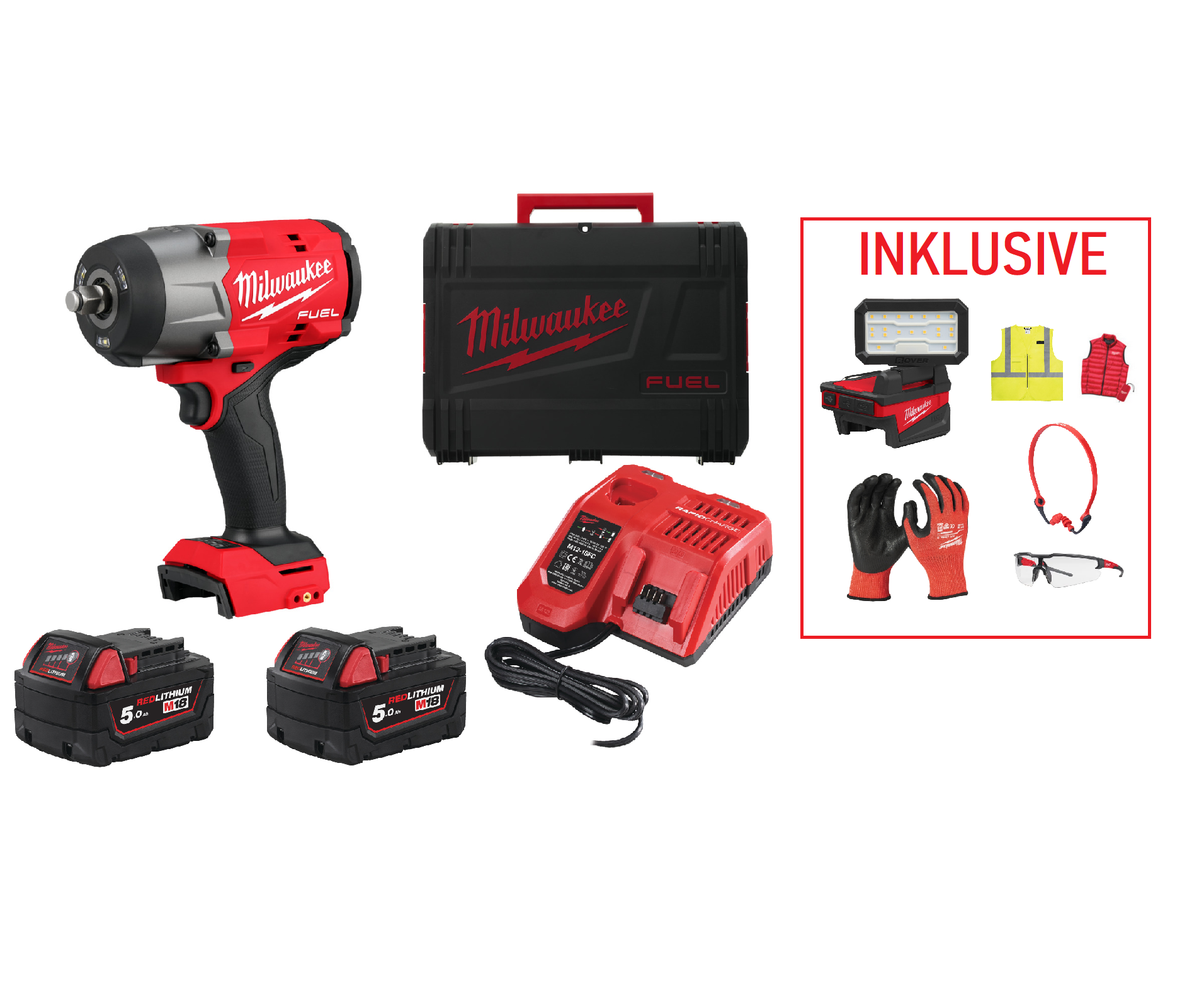 Milwaukee Akku-Schlagschrauber M18FHIW2F12-502X inkl. Schutzbrille, Gehörschutz, Handschuhe, Warnweste, Bauleuchte, Steppweste Milwaukee Akku-Schlagschrauber M18FHIW2F12-502X inkl. Schutzbrille, Gehörschutz, Handschuhe, Warnweste, Bauleuchte, Steppweste