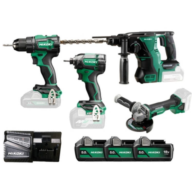 Hikoki KC18DEWHZ Combo-Kit Akku Bohrschrauber + Schlagschrauber + Winkelschleifer + Bohr-/Meißelhamm Hikoki KC18DEWHZ Combo-Kit Akku Bohrschrauber + Schlagschrauber + Winkelschleifer + Bohr-/Meißelhamm