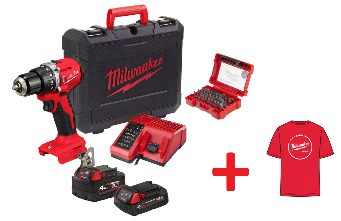Milwaukee Akku-Schlagbohrschrauber M18BLPDRC-422C SET inkl. Bitbox SHOCKWAVE™ Compact-Set (32-teilig) + T-Shirt (L) Milwaukee Akku-Schlagbohrschrauber M18BLPDRC-422C SET inkl. Bitbox SHOCKWAVE™ Compact-Set (32-teilig) + T-Shirt (L)