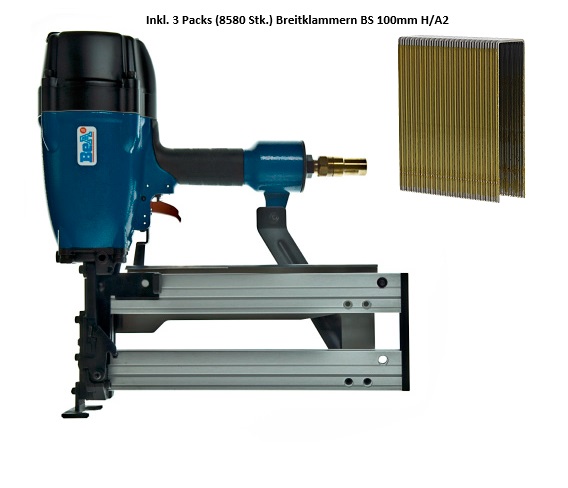 BeA Druckluftbreitklammergerät 246/130-944E inkl. 3 Packs (8580 Stk.) Breitklammern BS 100mm H/A2