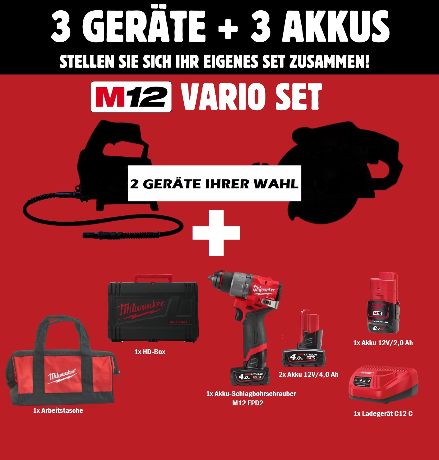 Milwaukee M12 VARIO-SET - 2 Akku-Geräte IHRER WAHL  inkl. 3 Akkus, Ladegerät, Arbeitstasche & HD-Box