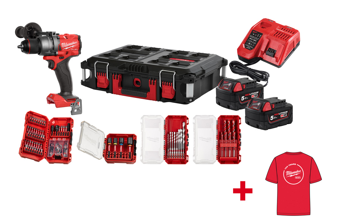 Milwaukee M18 FPD3100P-502P Akkuschrauber SET mit Schlagbohrfuntkion + T-Shirt (L) Milwaukee M18 FPD3100P-502P Akkuschrauber SET mit Schlagbohrfuntkion + T-Shirt (L)