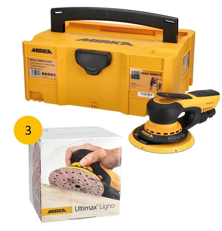 Mirka DEROS II Deros II 125/150mm + Ultimax Ligno inkl. 3 Pack Ultimax Ligno 1x K40, 1x K80, 1x K120 Mirka DEROS II Deros II 125/150mm + Ultimax Ligno inkl. 3 Pack Ultimax Ligno 1x K40, 1x K80, 1x K120