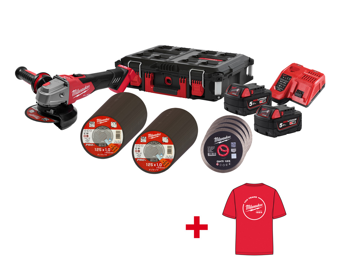 Milwaukee Winkelschliefer Set M18 FSAG125XB100P-502P + T-Shirt