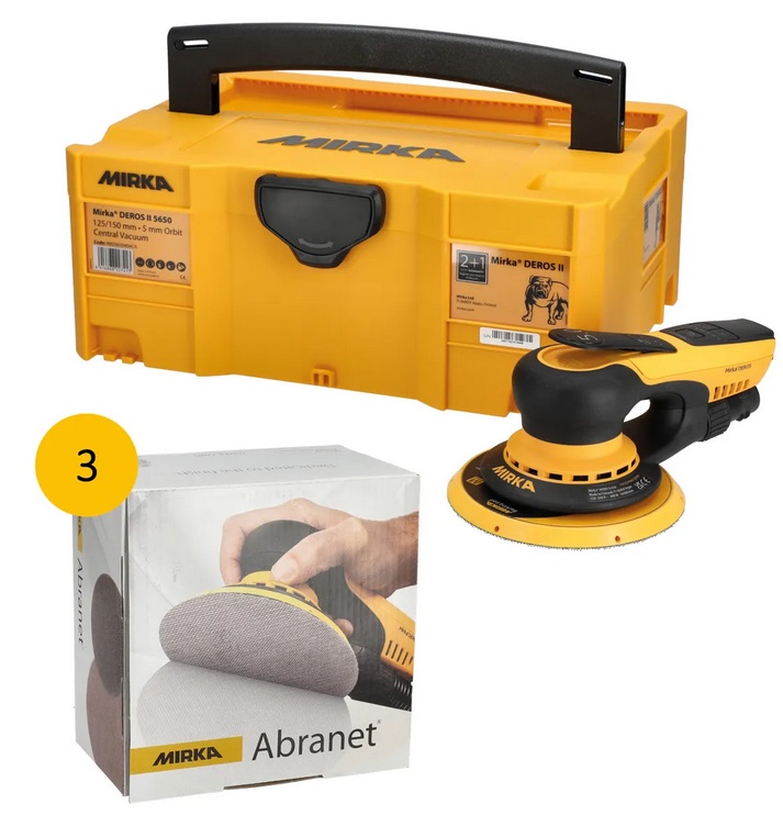 Mirka DEROS II Deros II 125/150mm + Abranet inkl. 3 Pack Abranet 1x P100, 1x 120, 1x K180 Mirka DEROS II Deros II 125/150mm + Abranet inkl. 3 Pack Abranet 1x P100, 1x 120, 1x K180